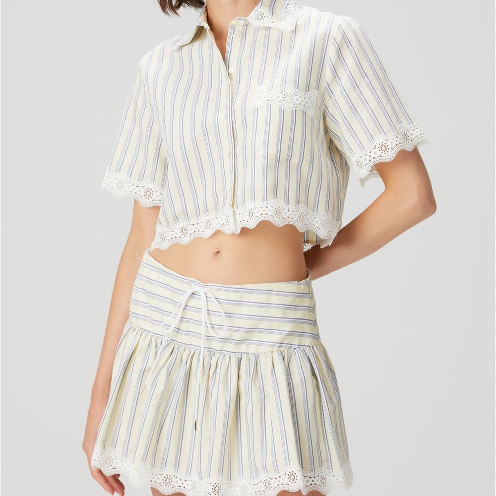 Sandro Yellow and Blue Striped Cropped Button-Down Shirt